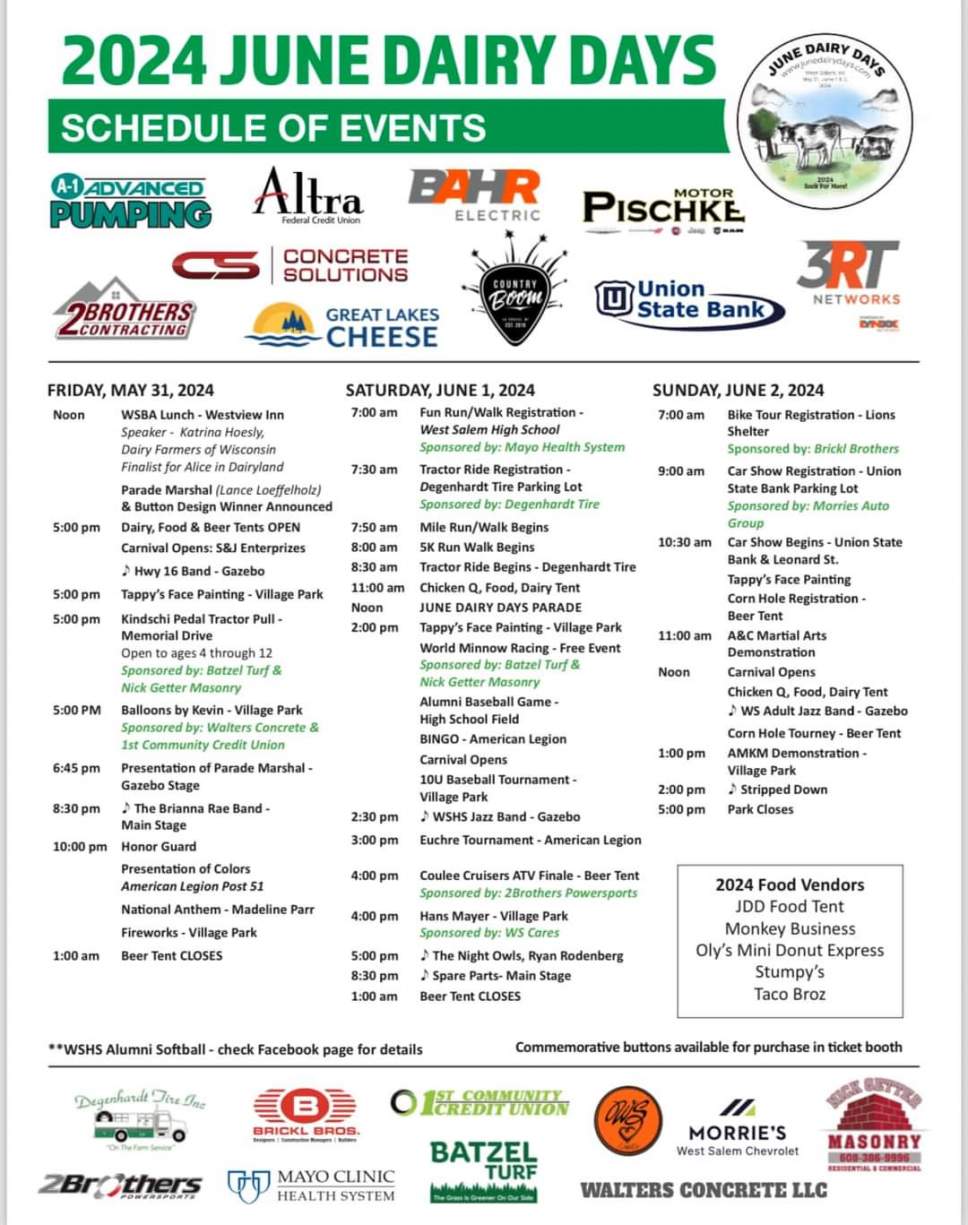 June Dairy Days Schedule June Dairy Days West Salem, WI